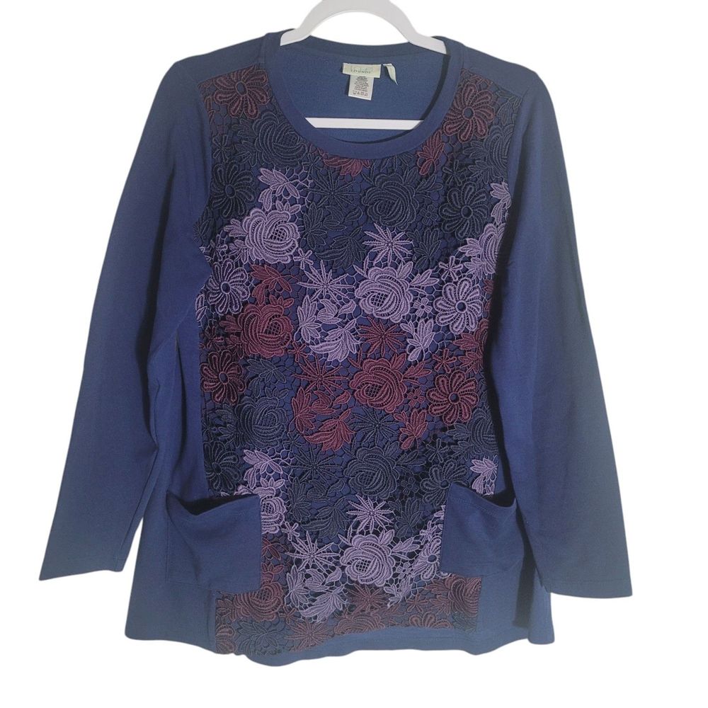 Logo Lounge Floral Lace Crochet Shirt Womens Size Small Blue Pockets Long Sleeve